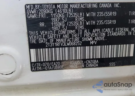 2020 Toyota Rav4 Limited z USA, uszkodzony, nr VIN 2T3Y1RFV3LW068252